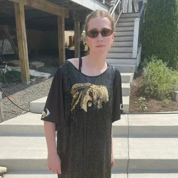 Vintage Black Sequin Elephant Dress – 80s/90s Batwing Midi Kaftan, Gold Sequin - Picture 5 of 9